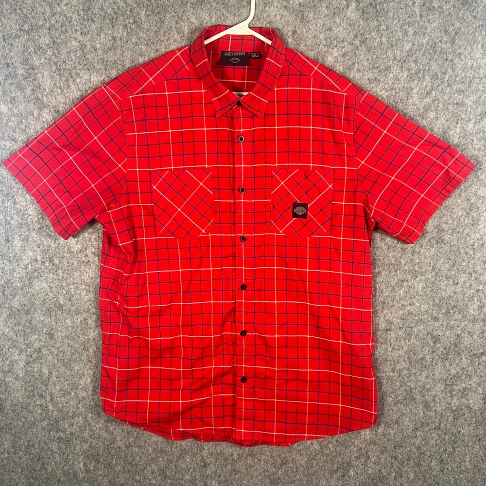 Harley-Davidson Men's XL Red Plaid Short Sleeve Button Down Shirt Back Logo